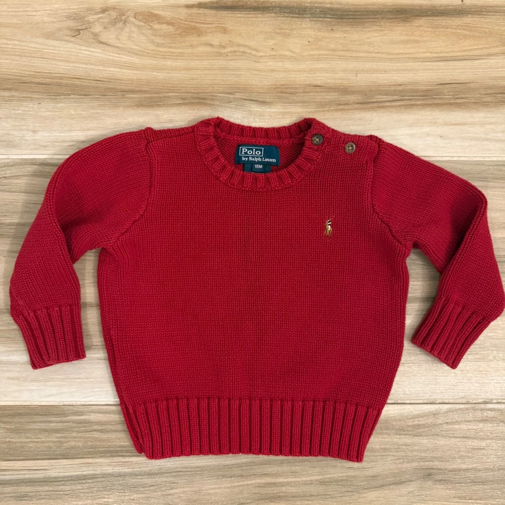 Polo Ralph Lauren Toddler Boys Red Cotton Knit Shoulder Button Sweater 18M